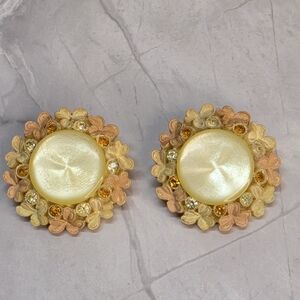 Vintage Japan Floral Clip Earrings Yellow Cabochon Rhinestone